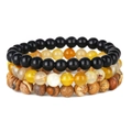 Three-layer elastic beaded bracelet set featuring obsidian, agate, and natural jasper stones - Brown & Yellow Stone Set
