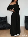 Women's two-piece casual set featuring off-shoulder top and wide-leg pants in black finish - S / Black