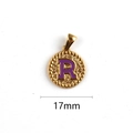 Gold round pendant with purple enamel letter R and textured border in 17mm size - Letter R
