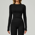 Haut de yoga noir à manches longues avec taille froncée et legging assorti - S / Noir Premium