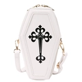 Gothic coffin-shaped crossbody bag in white faux leather with black floral cross pattern - White