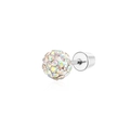 Macro view of stainless steel screw back earring with sparkling AB crystal pave ball - Cartilage Stud Earrings / Silver