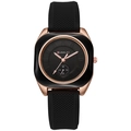 Detail showing the black silicone textured strap and rose gold square case of the quartz watch - Black