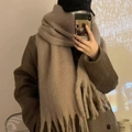 Thick light camel mohair scarf with tassels for winter warmth and minimalist styling - Khaki