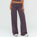 Women's wide leg yoga pants with fold-over high waist in dusty purple brushed fabric - S / Eggplant Purple