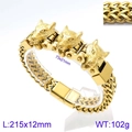 Men's gold-finished stainless steel Cuban chain bracelet featuring triple wolf head motifs - Gold Wolf Head