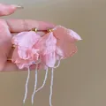 Dettaglio degli orecchini a fiore in tessuto rosa con cuori dorati e nappe di perline - Stile 18(18#)