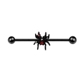 Detailed view of black industrial barbell with red zircon spider design and clear gems - Black Spider