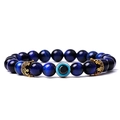 Close-up of blue tiger eye beads with golden crown spacers and an evil eye charm - Blue Tiger Eye (05)