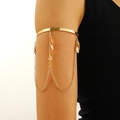 Gold upper arm cuff with hanging chains and leaf charms for women, adjustable open ring - Hollow Leaf Tassel Style (A-82)