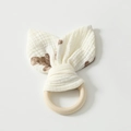 Baby wooden teething ring with cream cotton gauze bunny ears and brown bear print - Bear
