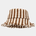 Detailed view of striped bucket hat featuring frayed edges and brown herringbone texture - One Size / Rice Deep Khaki Striped