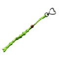 Macro detail of hand-woven lime green cotton cord keychain with heart clasp and wooden bead - Green Woven Lipstick Mesh Bag