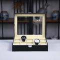 Black PU leather watch box organizer with 10 slots and beige velvet lining for men - 10 Slots