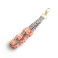 Pink daisy handmade woven wrist strap keychain with grey cotton cord and golden lobster clasp - Korean Pink
