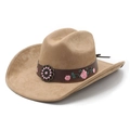 Women's western camel suede cowboy hat with pink floral embroidery and metal buckle - M(56-58cm) / Camel