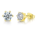 Close-up of golden six-prong stud earrings featuring sparkling round-cut cubic zirconia - Round 6-Prong / Light Gold