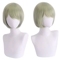 Korte mintgroene bobpruik met pony op mannequin, glad synthetisch haar voor cosplay - Bleekgroen