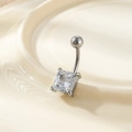 Silver stainless steel navel ring with square step-cut clear zircon in four-prong setting - Square Silver (5# Silver)