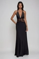 Détail de la robe longue en satin noir avec dentelle à la taille et dos nu au design élégant - S / Noir