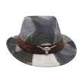 Western cowboyhoed voor kinderen met blauw en beige patchwork en zilveren stierkop-icoon - Kindermaat (Deuk in kroon) / Zwart (Denim Patchwork/Witte Stierkop)