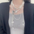 Multi-layer pearl necklace featuring silver angel charms and elegant teardrop pendants - 90#X4634B (Multi-layer Angel Pendant Artificial Pearl Necklace)