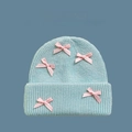 Berretto in maglia azzurro con fiocchi rosa da donna in stile coreano carino e alla moda - Taglia unica / Blu/Fiocco Rosa