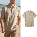 Detail of khaki linen polo shirt with textured fabric and three-button collar for men - S / Tops / Khaki