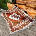 Detailed view of bohemian woven blanket with geometric patterns and fringe edges - Reddish Brown/Beige/Cyan / 130x160cm