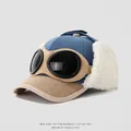 Kids hip hop baseball hat with aviator goggles, blue corduroy fabric and ear flaps - 52cm (2-5 Years) / Color Block Goggles-Blue