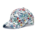 Detail of floral baseball cap featuring distressed edges and repeated Beautiful text print - Dark Blue Letter Floral Style (D)