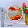 Minimalist white round dynamic quicksand art painting with orange and gold flowing sand - 8 Inch White Frame Stand Yellow
