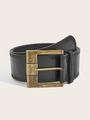 Close-up of vintage brass square buckle and double stitching on black leather belt - 7.5CM Wide / Black