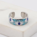 Silver adjustable evil eye ring with blue enamel finish on marble display stand - Adjustable Open / Platinum Plated Light Blue