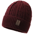 Burgundy cable-knit winter beanie with a thick ribbed cuff and leather logo patch - One Size / Red