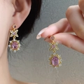 Boucles d'oreilles vintage dorées avec pierre ovale rose et détails d'étoile - 20# Boucles d'oreilles pendantes fleur zircone rose plaqué or 18K (aiguille en argent)