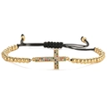 Adjustable gold plated cross bracelet with colorful cubic zirconia and black woven rope - Colorful Zirconia Cross Style (CB00228CX)