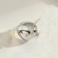 Minimalist silver open ring with unique liquid metal texture and gold accents - Smooth Surface / Silver