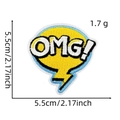Detail of embroidered OMG! cartoon speech bubble patch with size and weight metrics - OMG! (6#)