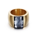 Golden wide band ring with a large rectangular grey-blue crystal in a brushed finish - Grey Blue Stone Style (KR34701-K)