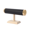 Detail of black leather T-bar jewelry stand with gold caps and solid wood base - Black Leather