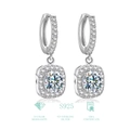 Detail of square halo moissanite earrings in S925 silver with GRA certificate info - Square Halo Drop - 0.5ct Moissanite