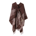 Solid color dark brown and beige knit poncho shawl with fringe details for autumn - Tassel Coffee