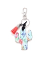 Floral cactus wooden keychain with blue flower pattern, coral tassel and metal lobster clasp - Blue Pink Orange Floral Cactus/Coral Tassel
