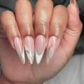 Long stiletto press-on nails with white French tips, marble art and gold glitter swirls - JP3229 Glue Style