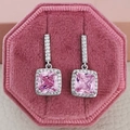 Pink square zircon earrings with sparkling halo in a velvet jewelry box - Square Pink Style (e505)