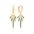 Detail shot of boho gold-plated hoop earrings featuring green cubic zirconia tassels - Gold Green Zirconia Spike Fan Pendant