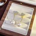 Elegant heart-shaped gold pearl drop earrings with sparkling rhinestones for women - 41# Full Diamond Heart Pearl Earrings