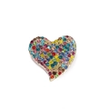 Vintage heart brooch with colorful rhinestones and gold alloy base on white background - Colorful