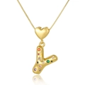 Detail view of heart-shaped charm and vibrant colorful zircon-encrusted letter Y pendant - Letter Y